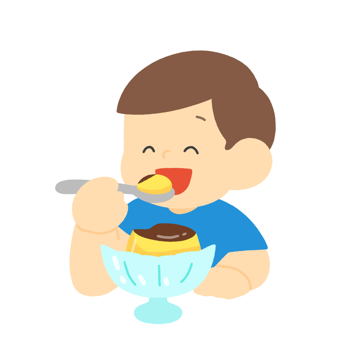 プリンを食べる男の子の無料イラスト｜おやつ向け素材