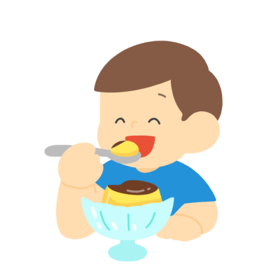 プリンを食べる男の子の無料イラスト|おやつ向け素材
