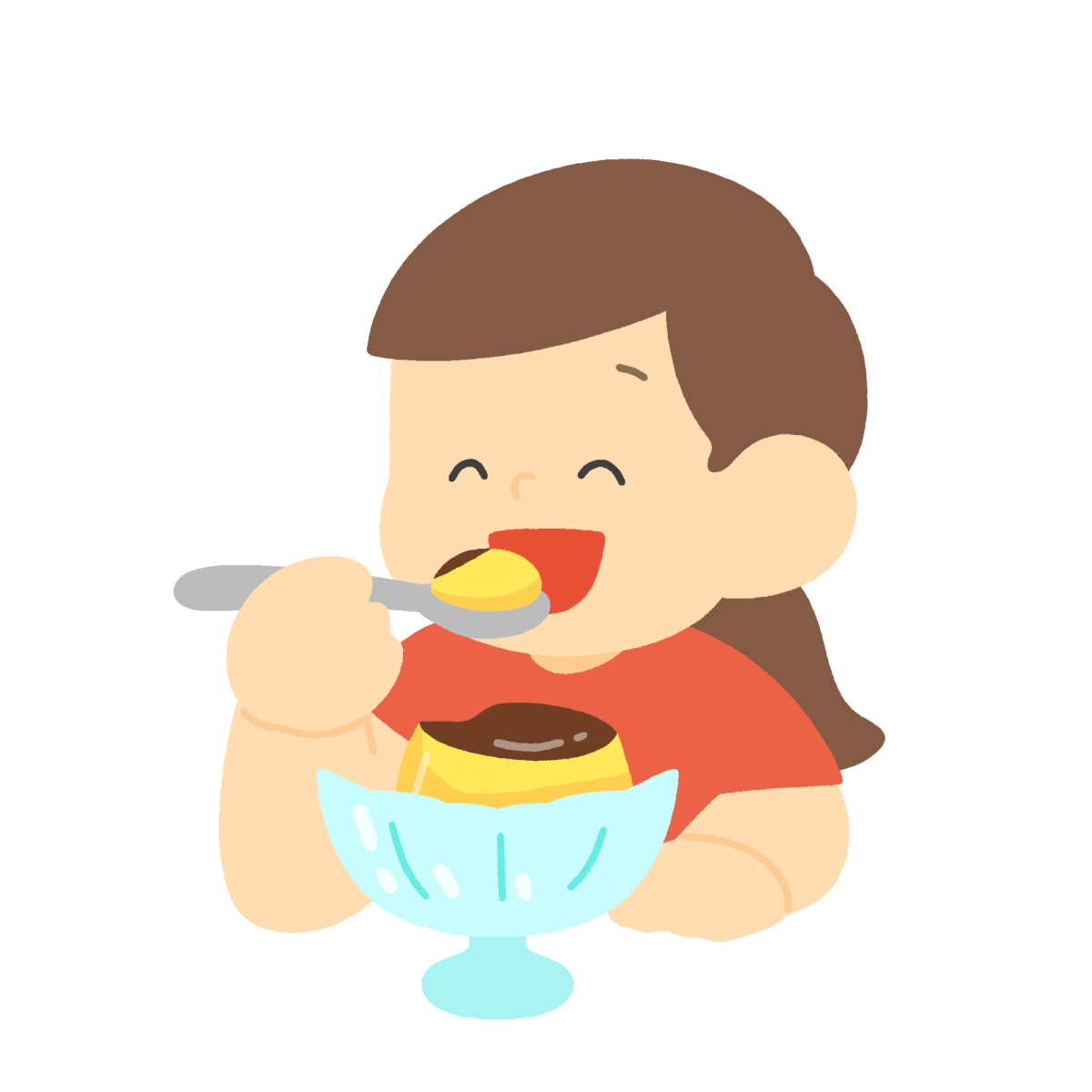 プリンを食べる女の子の無料イラスト｜おやつ向け素材