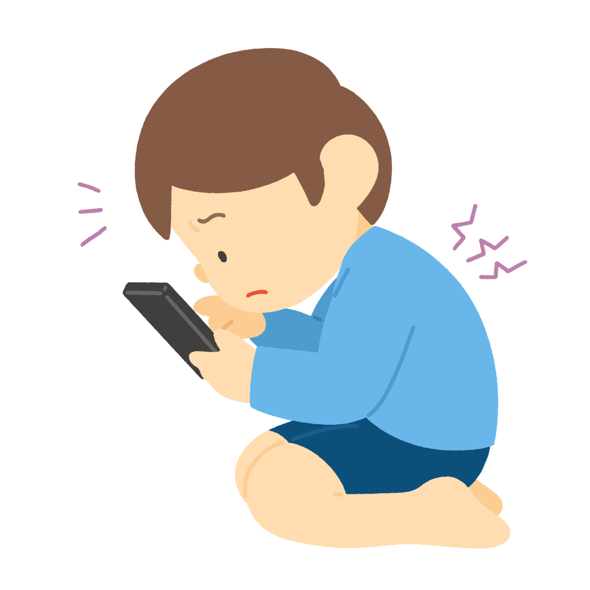 猫背でスマホを見る男の子の無料イラスト｜保健素材