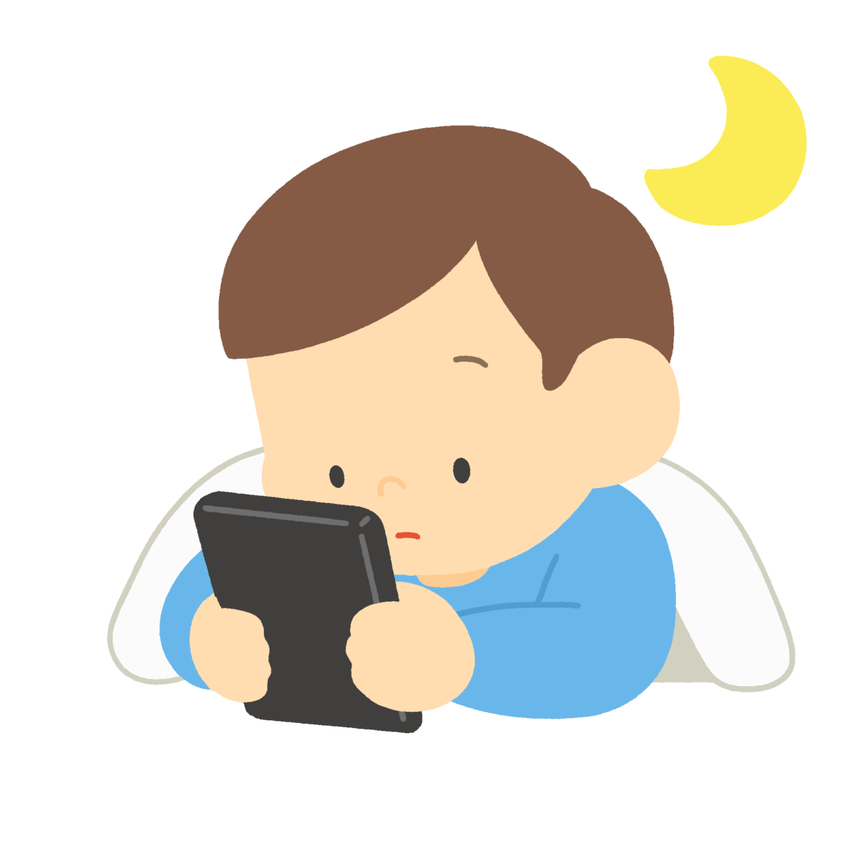 布団でスマホを見る子の無料イラスト｜保健向け素材