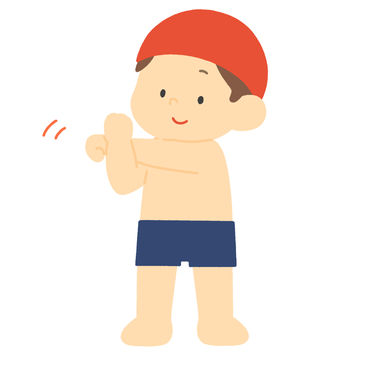 プール前に肩を伸ばす準備体操をする子どもの無料イラスト｜水泳授業向け素材