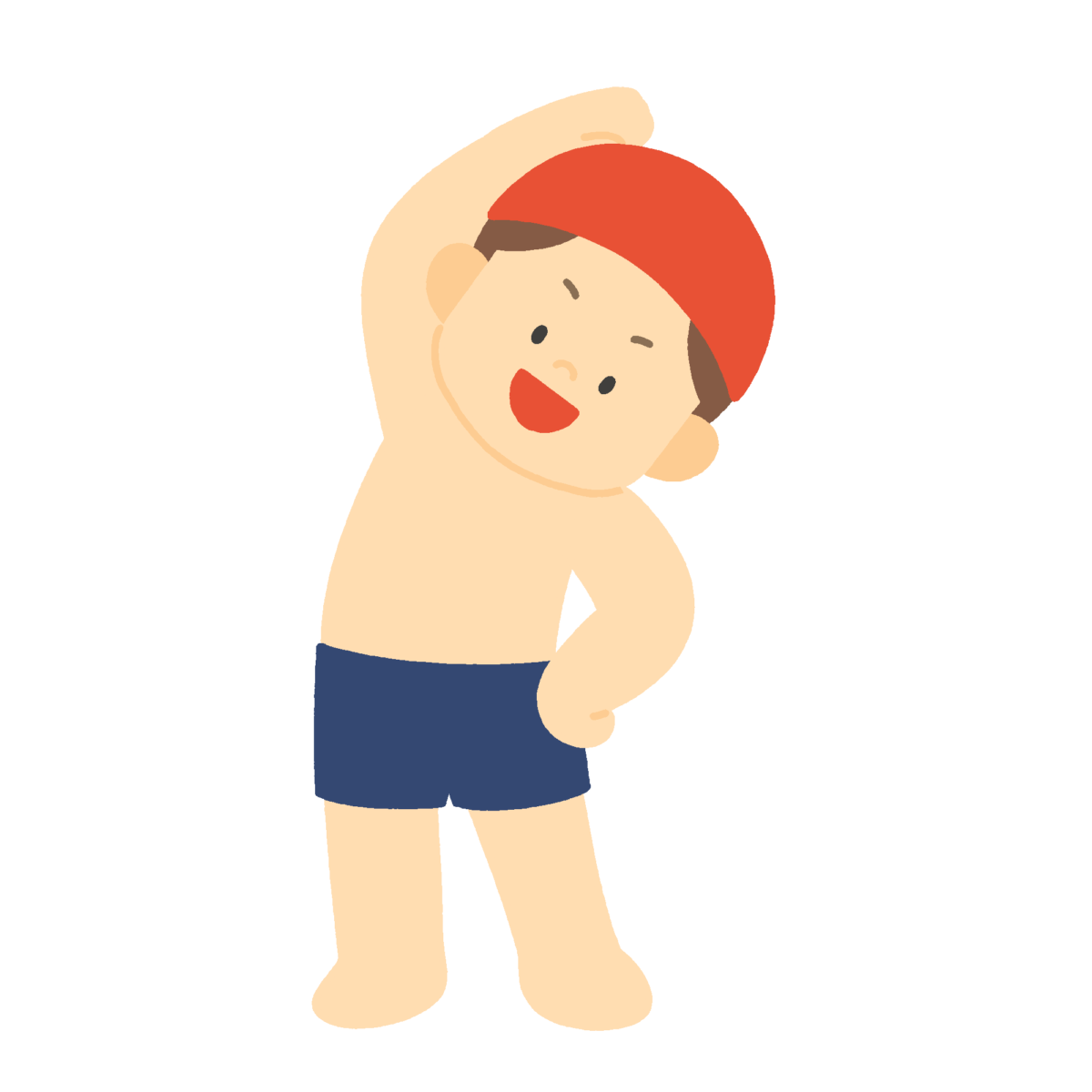 プール前に体の横を伸ばす準備体操をする子どもの無料イラスト｜水泳授業向け素材