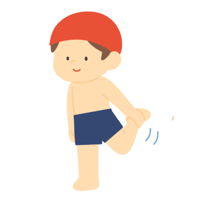 プール前に前太ももを伸ばす準備体操をする子どもの無料イラスト｜水泳授業向け素材