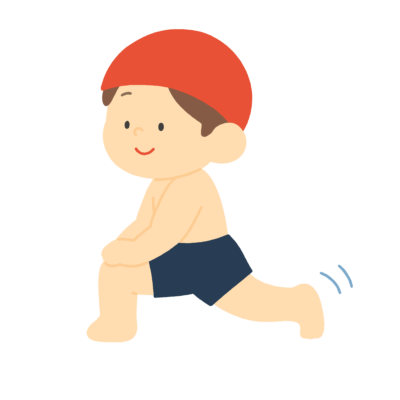 プール前にアキレス腱を伸ばす準備体操をする子どもの無料イラスト｜水泳授業向け素材