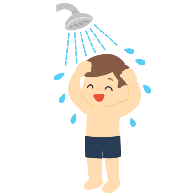 プールでシャワーを浴びる子どもの無料イラスト｜水泳授業向け素材