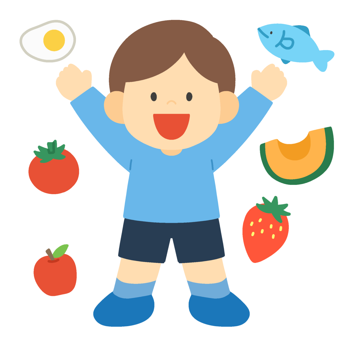 バンザイをする子どもと栄養がある食品の無料イラスト｜食育向け素材