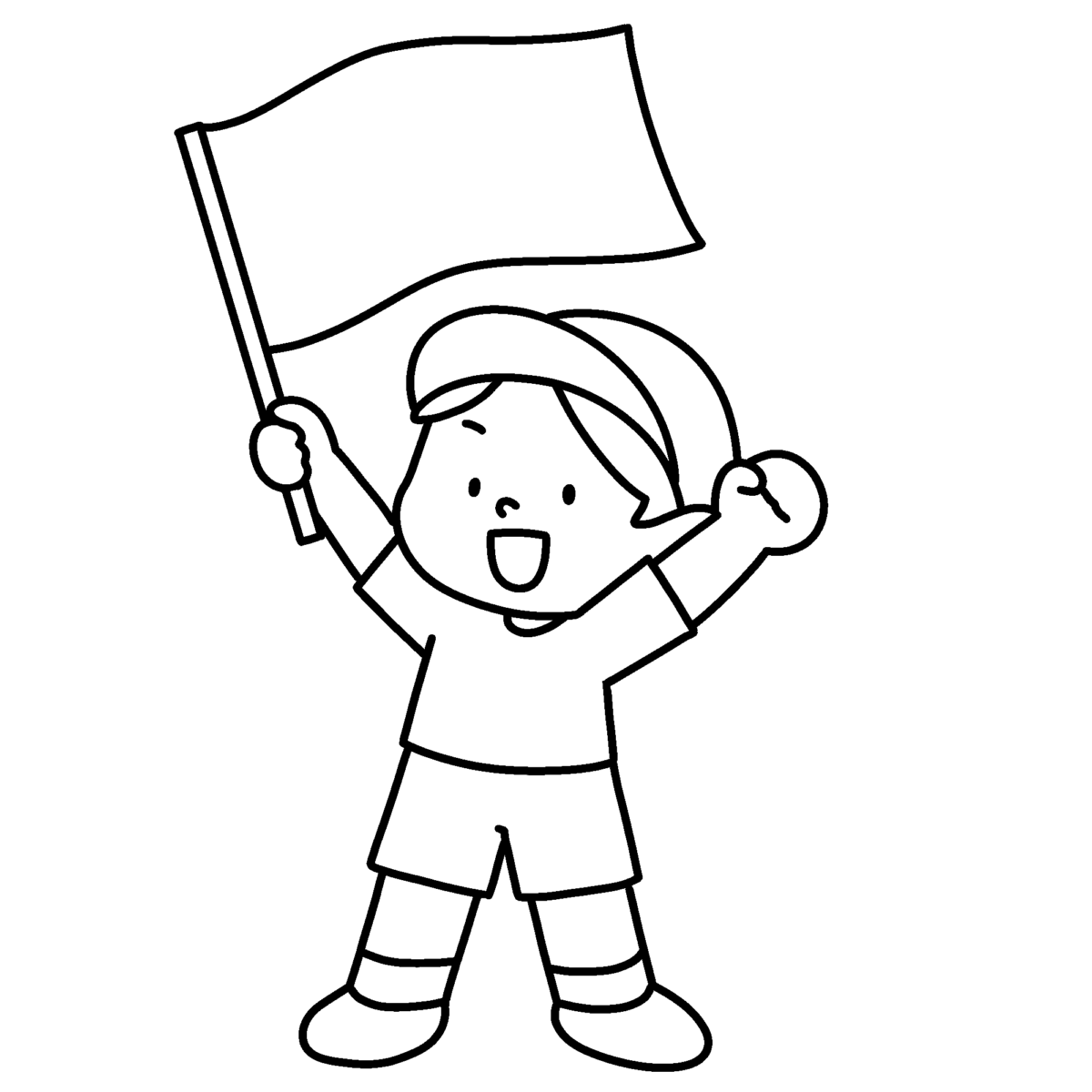 運動会で旗を持って応援する子どもの無料イラスト｜白黒運動会素材