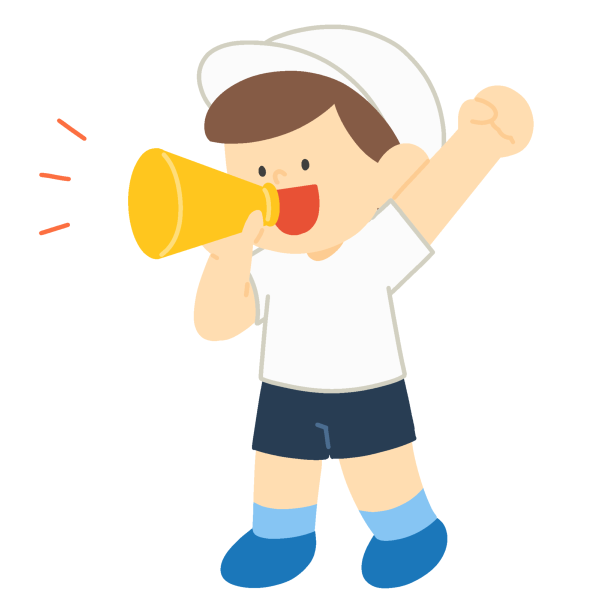メガホンで応援する白組の男の子の無料イラスト｜運動会応援素材