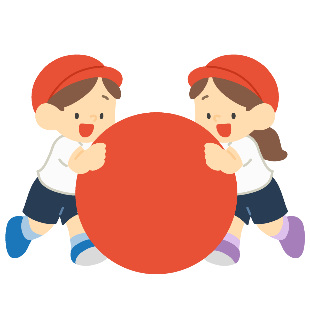 大玉転がしをする赤組の子どもの無料イラスト｜運動会競技素材