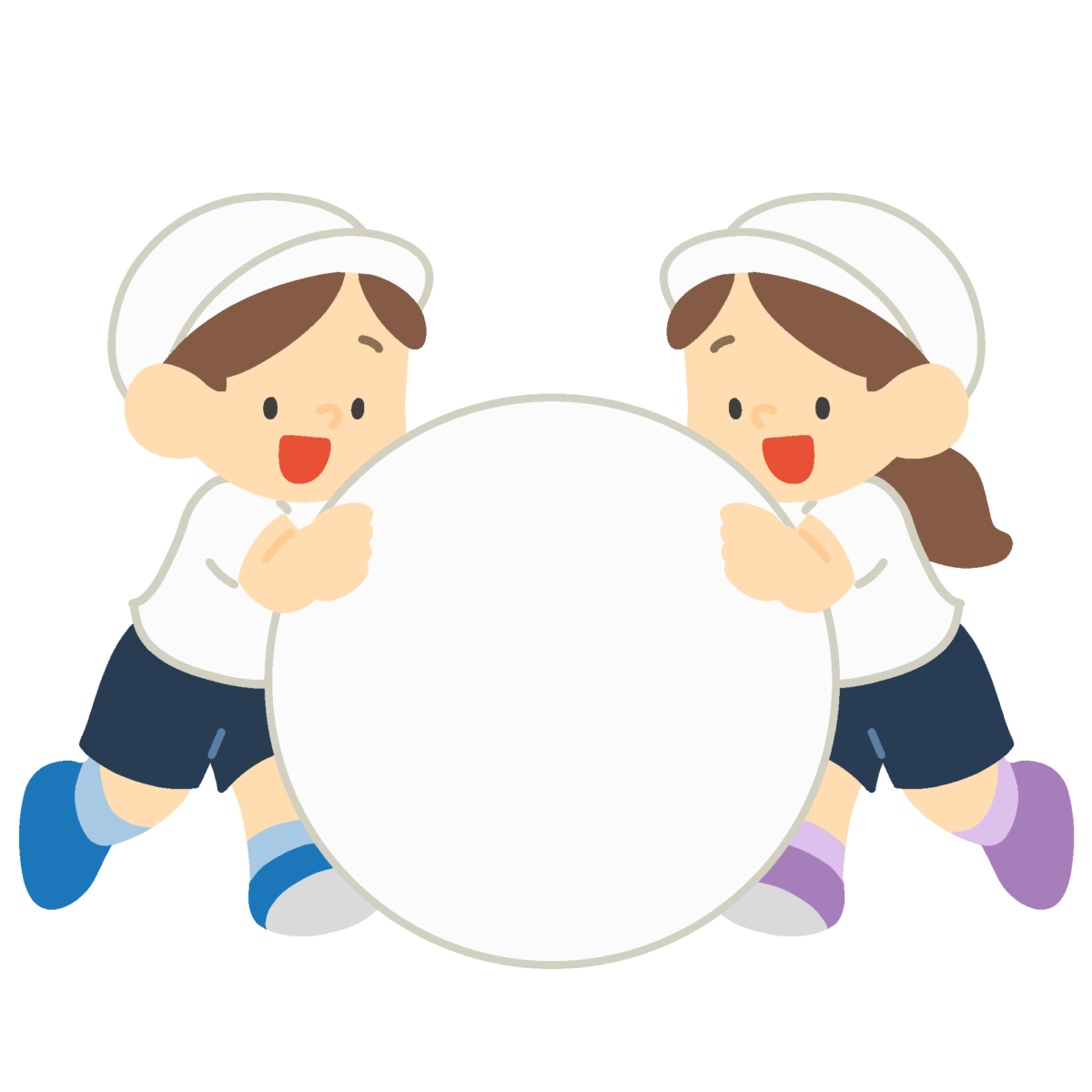 大玉転がしをする白組の子どもの無料イラスト｜運動会競技素材