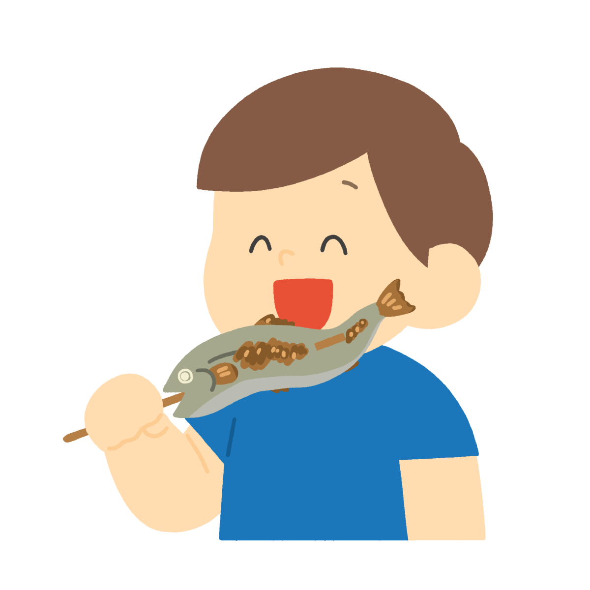 魚の串焼きを食べる子どもの無料イラスト｜食育向け素材