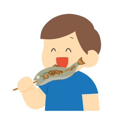魚の串焼きを食べる子どもの無料イラスト｜食育向け素材