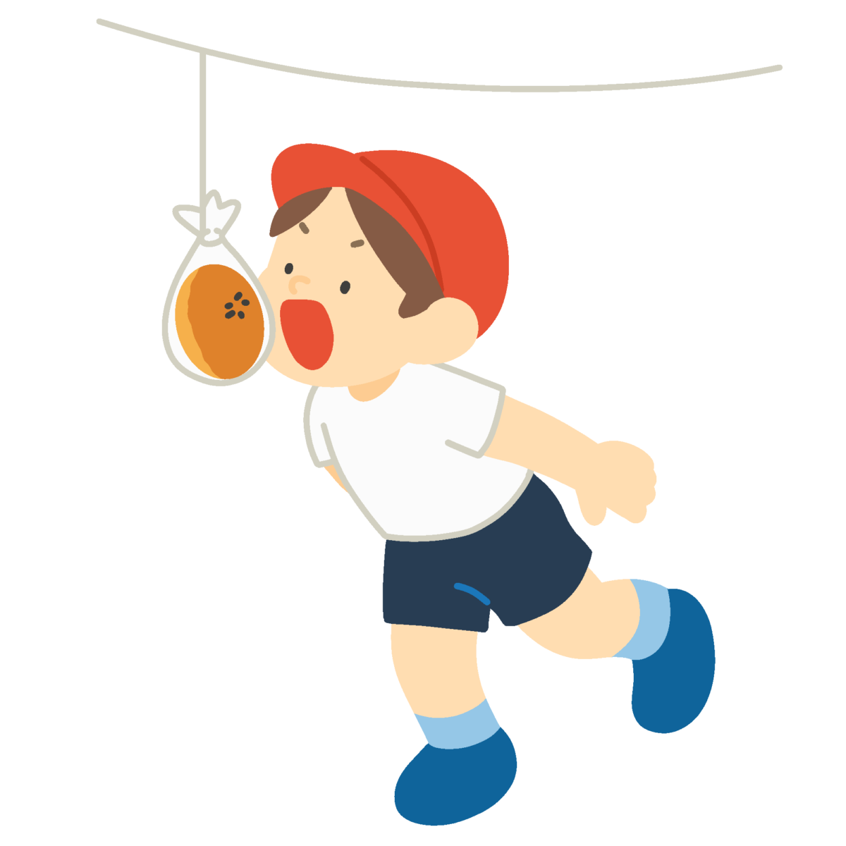 パン食い競争をする赤組の男の子の無料イラスト｜運動会向け素材