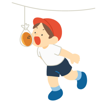 パン食い競争をする赤組の男の子の無料イラスト|運動会向け素材