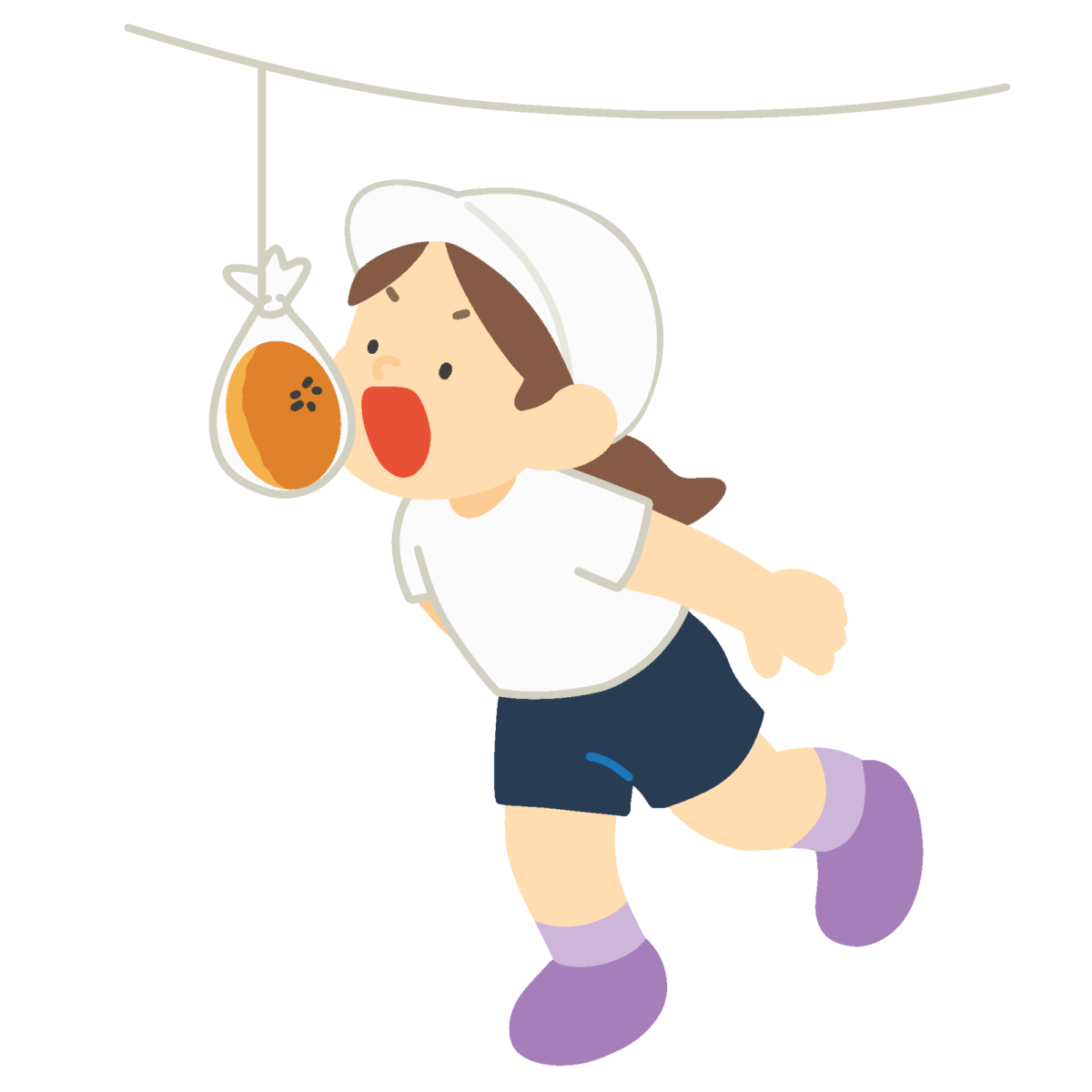 パン食い競争をする白組の女の子の無料イラスト｜運動会向け素材