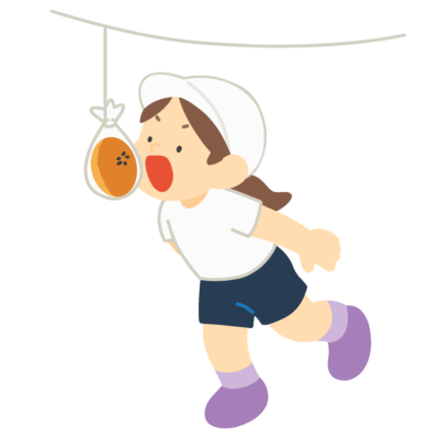 パン食い競争をする白組の女の子の無料イラスト|運動会向け素材