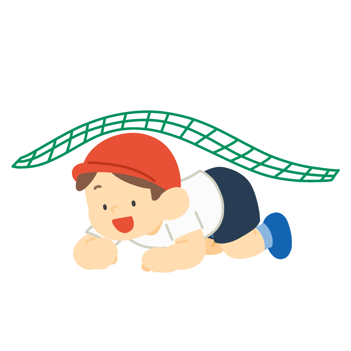 障害物競争でネットをくぐる子どもの無料イラスト｜運動会向け素材