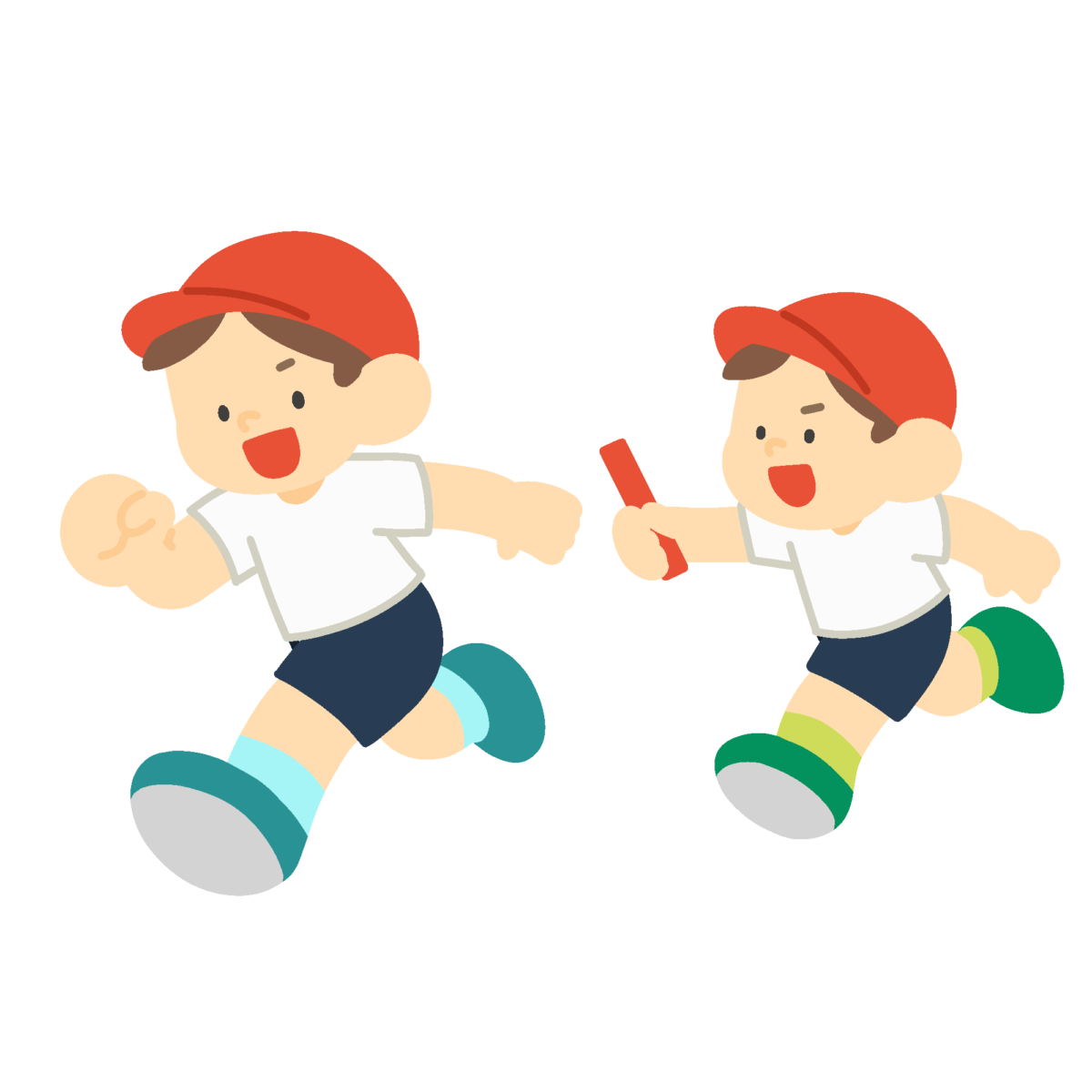 リレーでバトンパスをする子どもたちの無料イラスト｜運動会向け素材