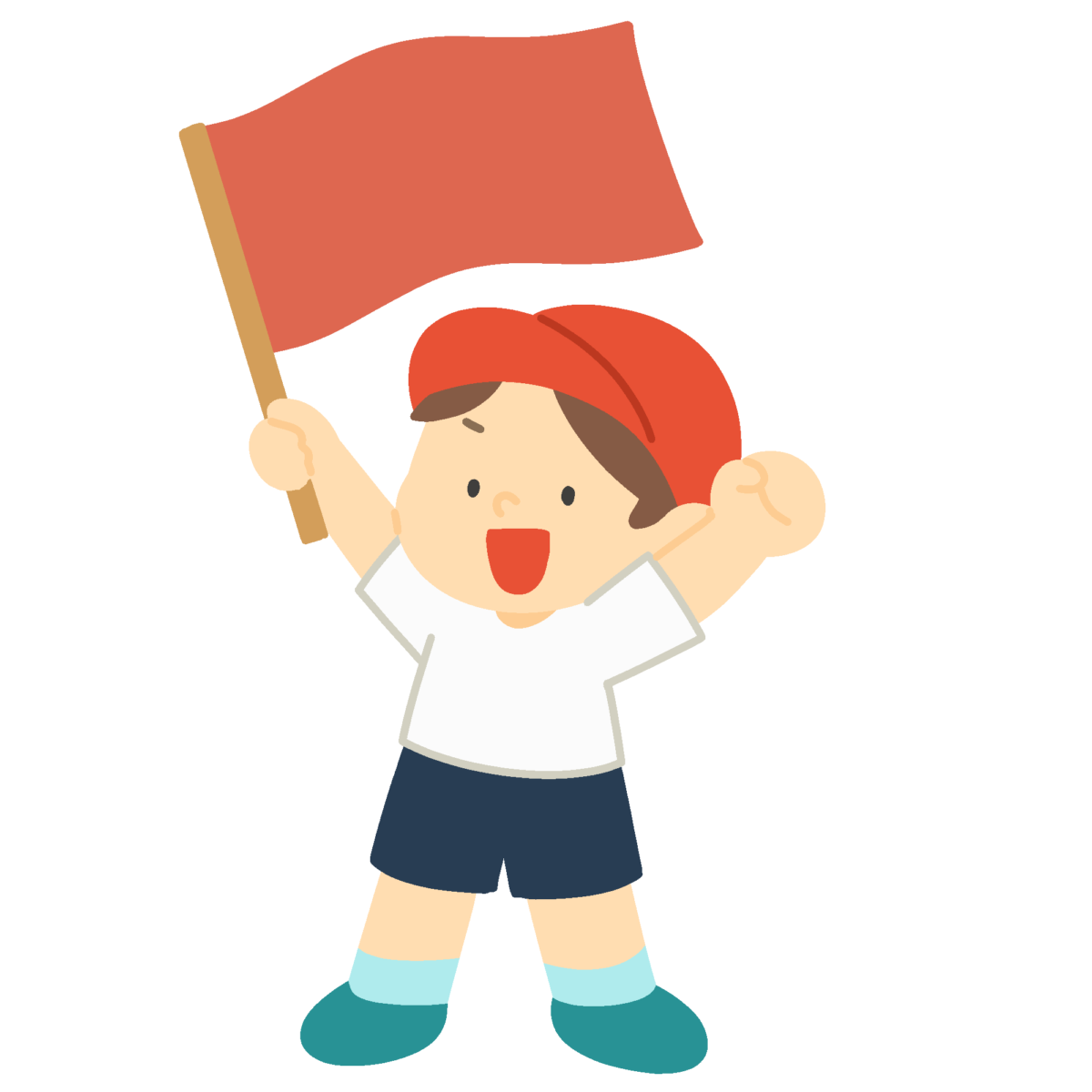 応援合戦で旗を振る子どもの無料イラスト｜運動会向け素材