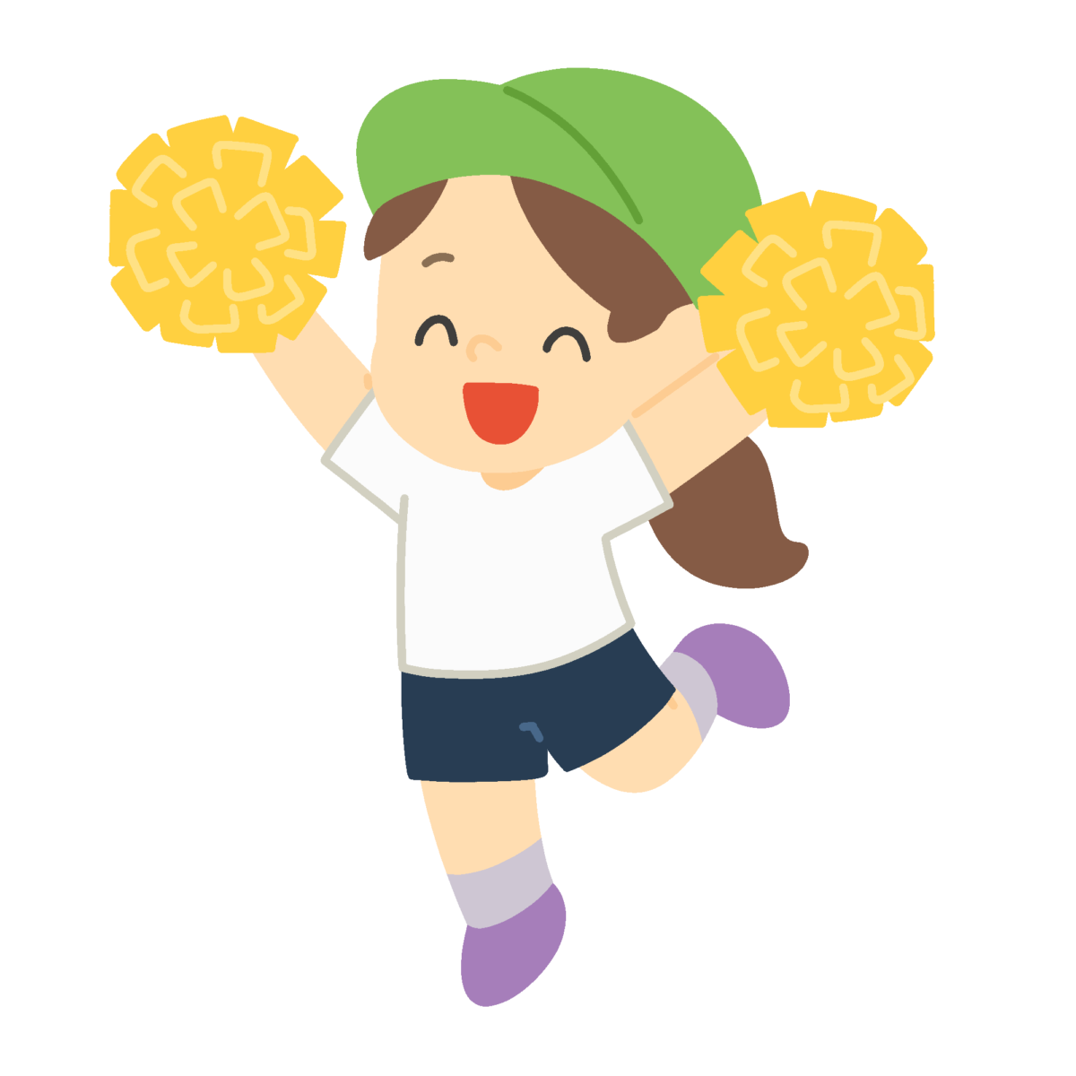 ポンポンを持って踊る緑グループの女の子の無料イラスト｜運動会向け素材