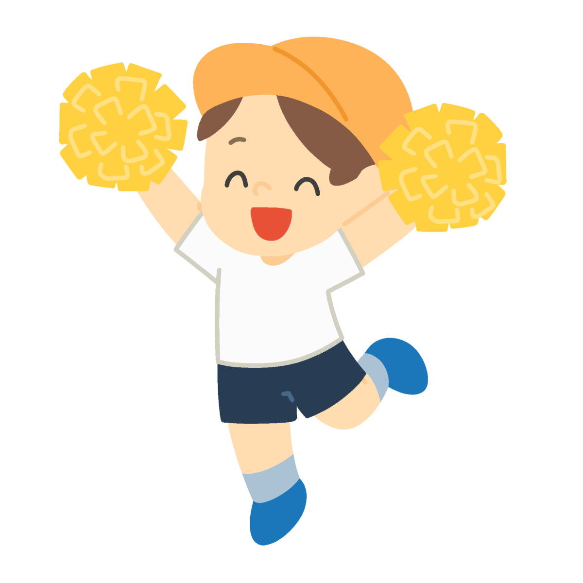 ポンポンを持って踊るオレンジグループの男の子の無料イラスト｜運動会向け素材