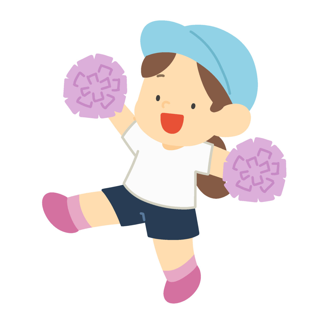ポンポンを持って踊る水色グループの女の子の無料イラスト｜運動会向け素材