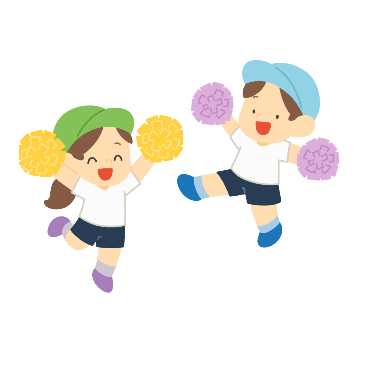 ポンポンを持って踊る子どもたちの無料イラスト｜運動会向け素材