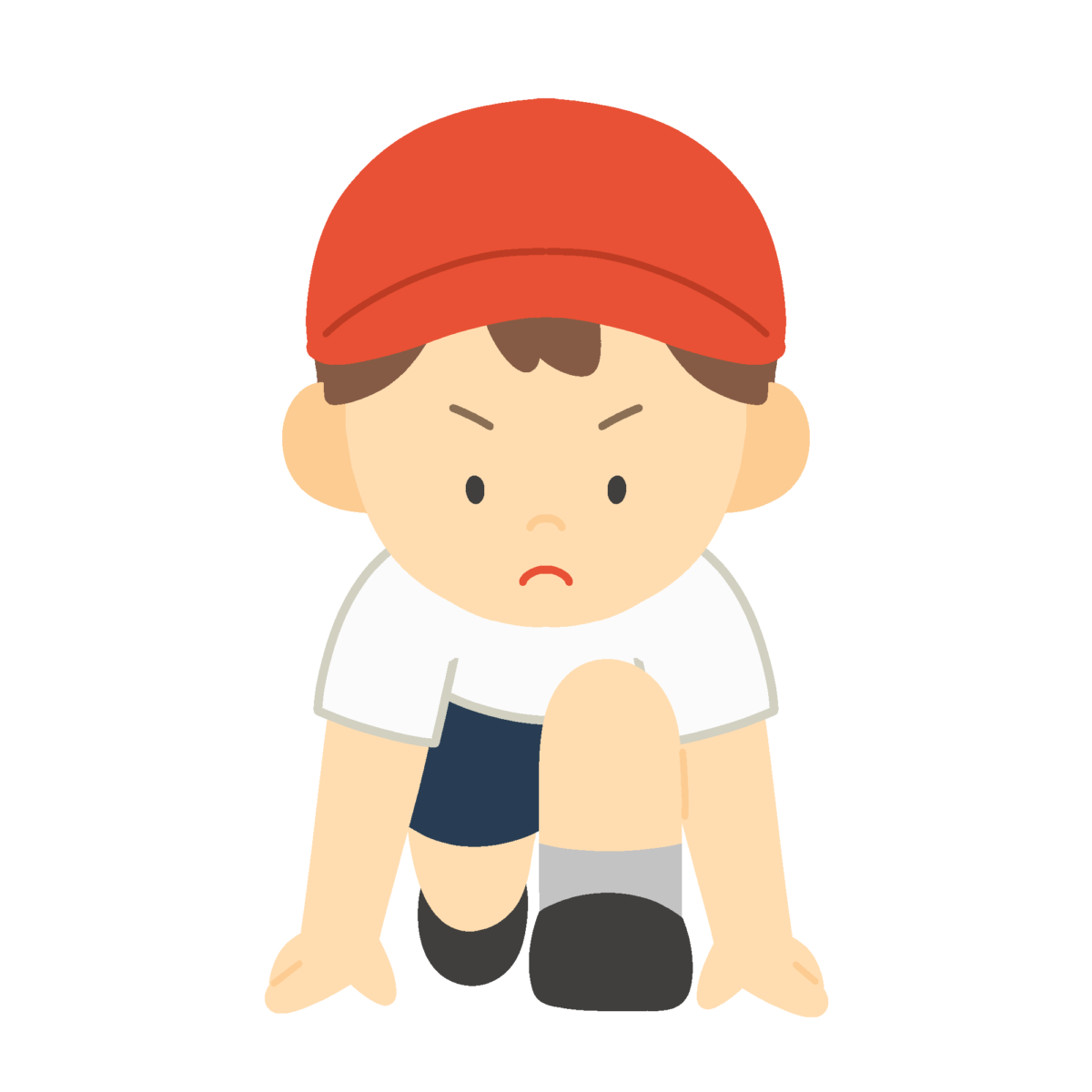 クラウチングスタートをする赤組の子どもの無料イラスト｜運動会向け素材