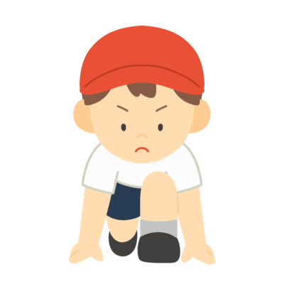 クラウチングスタートをする赤組の子どもの無料イラスト｜運動会向け素材