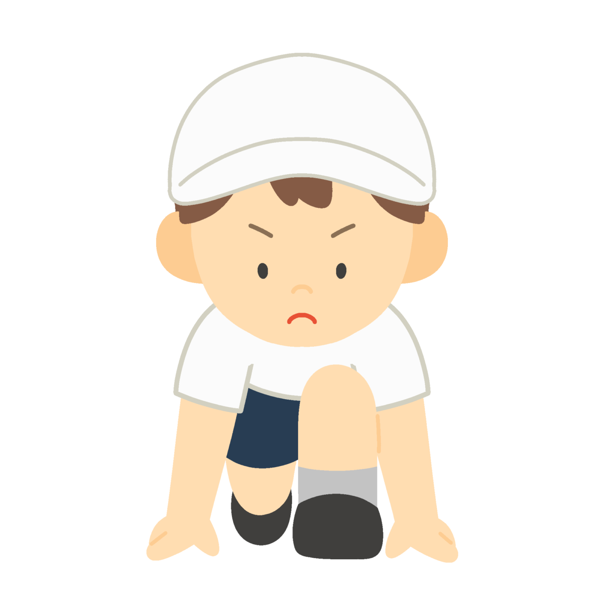 クラウチングスタートをする白組の子どもの無料イラスト｜運動会向け素材