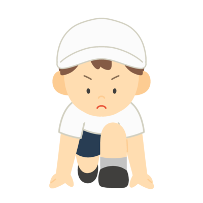 クラウチングスタートをする白組の子どもの無料イラスト|運動会向け素材