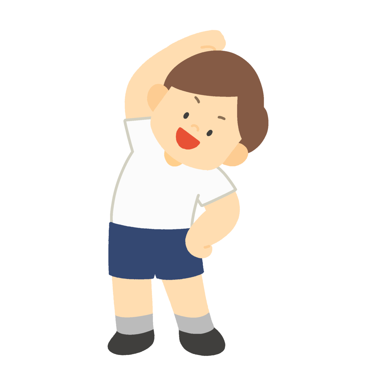 準備体操で体の横を伸ばす体操服姿の子どもの無料イラスト｜体育向け素材