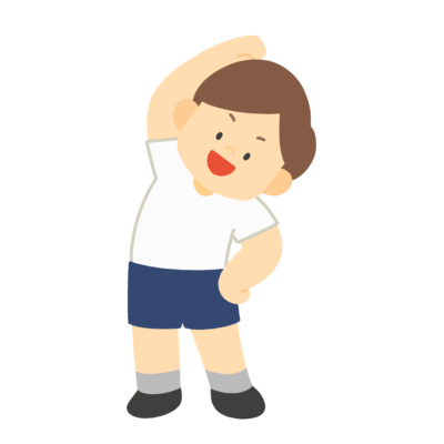 準備体操で体の横を伸ばす体操服姿の子どもの無料イラスト｜体育向け素材