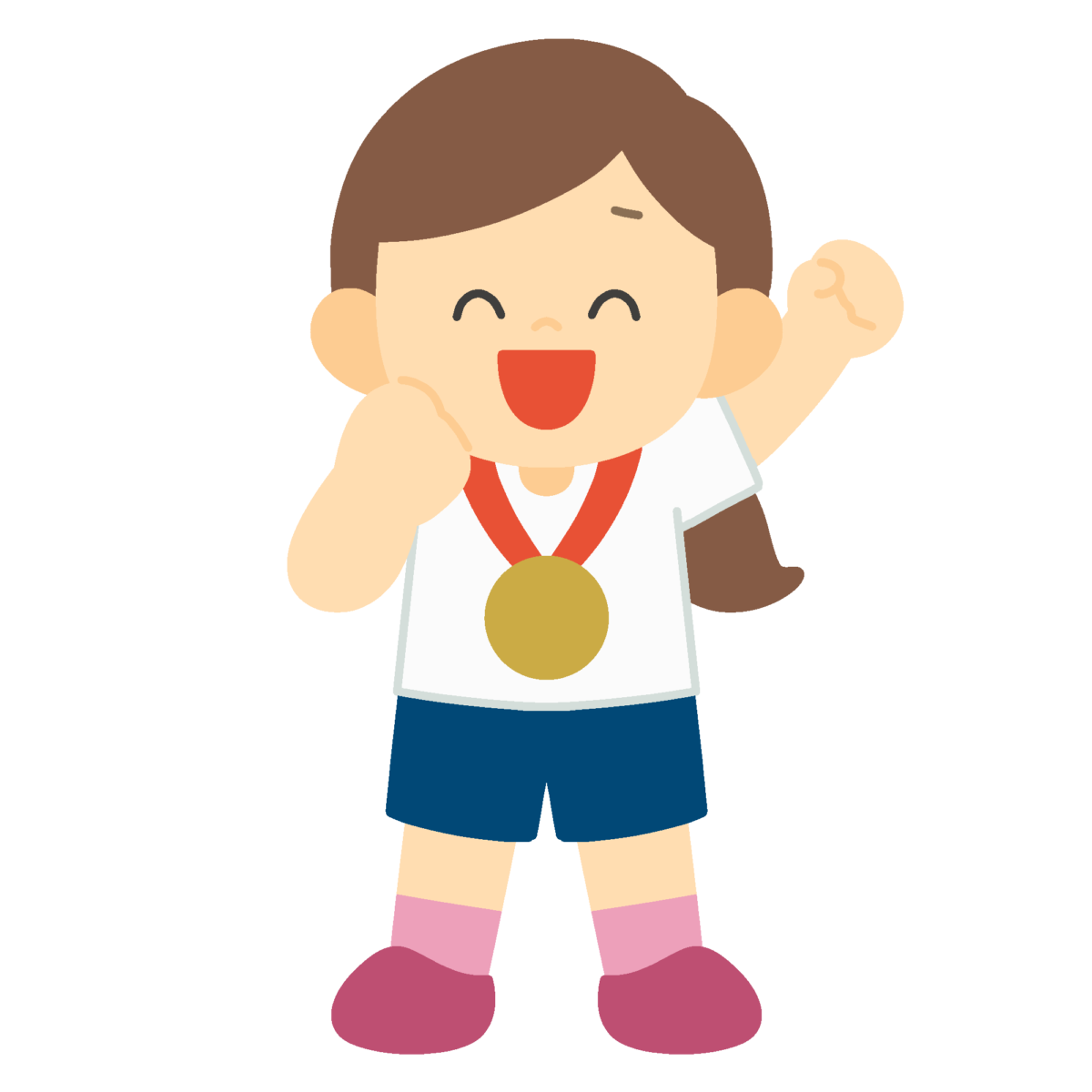メダルをもらって喜ぶ女の子の無料イラスト｜表彰式向け素材