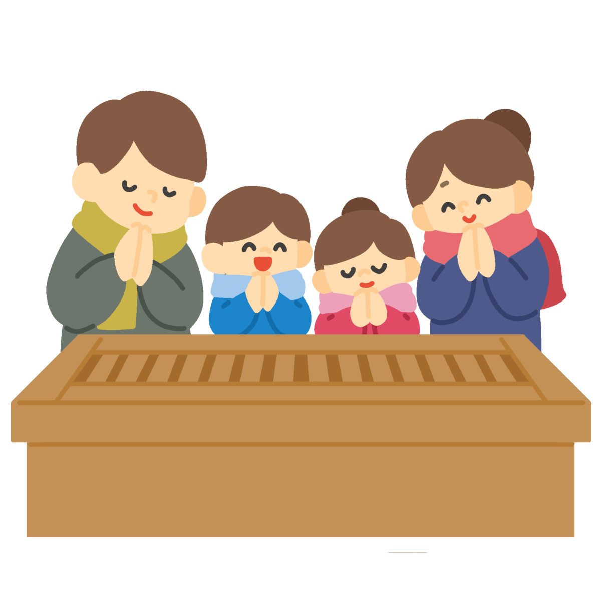 初詣をする家族の無料イラスト｜正月行事向け素材