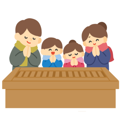 初詣をする家族の無料イラスト｜正月行事向け素材