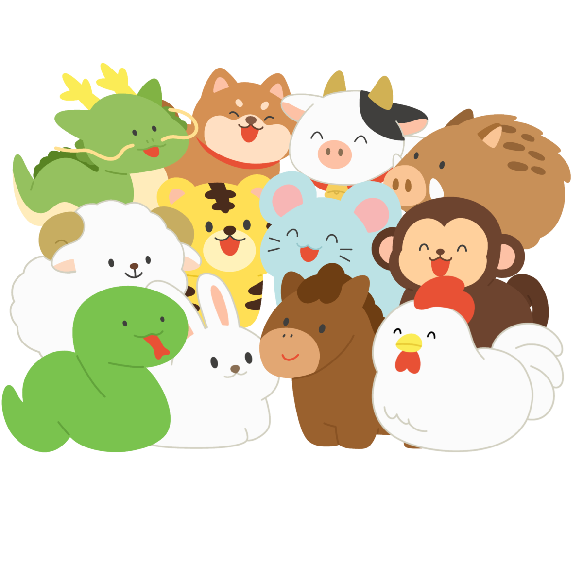 十二支が集合した無料イラスト｜干支・お正月向け素材
